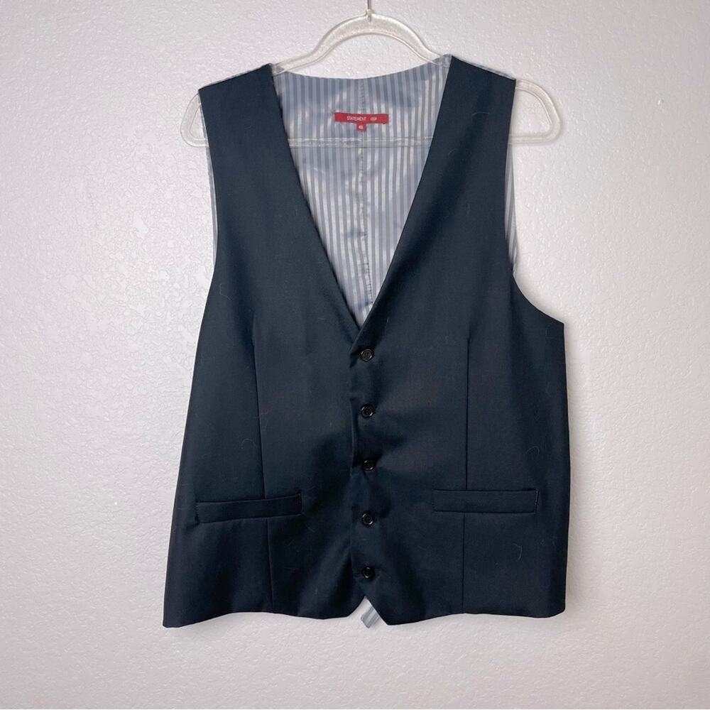 STATEMENT Black Suit Vest with Gray Stripe Satin Back Size 46L